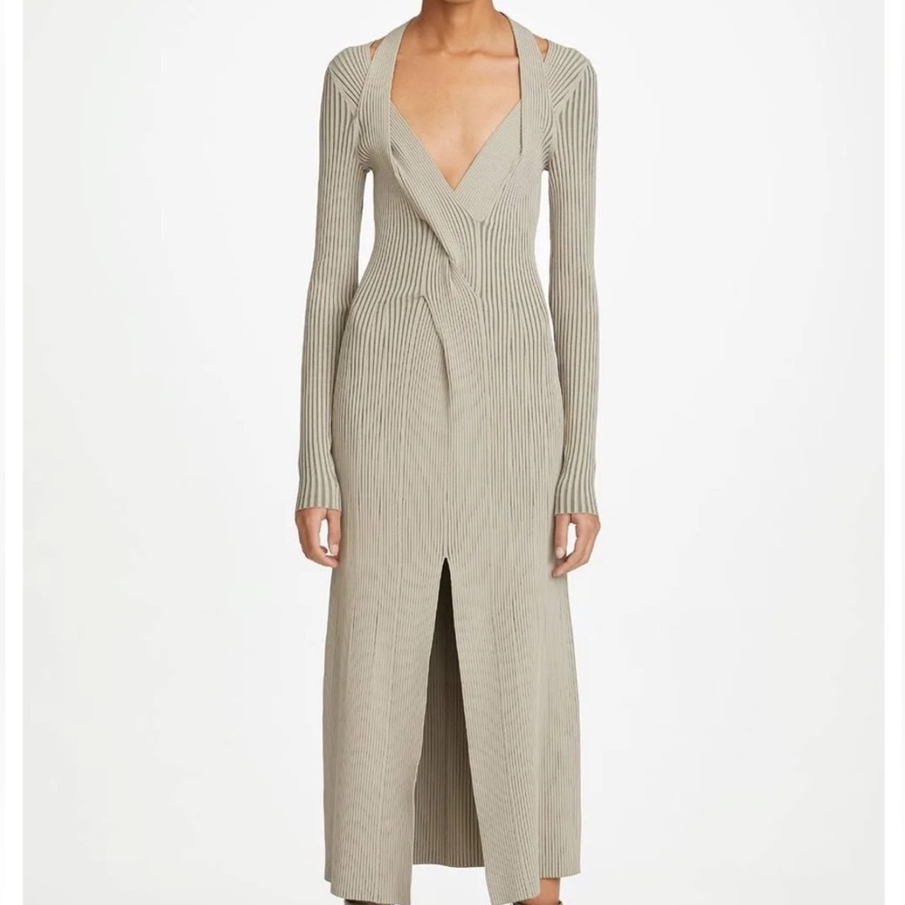 DION LEE TWIST-FRONT RIBBED-KNIT MIDI DRESS IN MUSHROOM